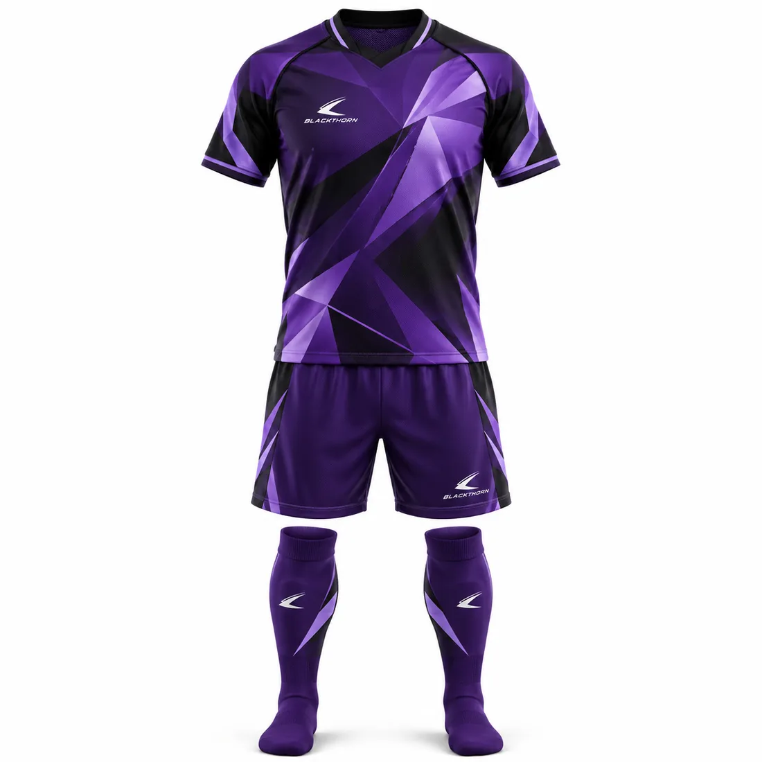 Violet Fracture Soccer Uniform front view, purple shard jersey, shorts and socks, sublimated soccer uniform