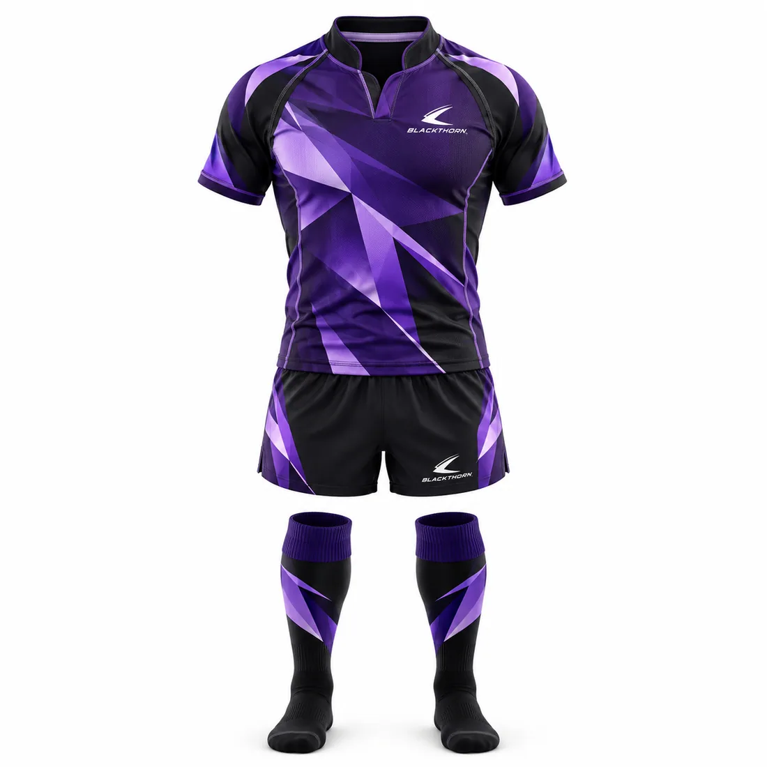 Violet Fracture Rugby Kit front view, purple and black geometric shard jersey, shorts and socks set