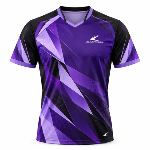 Violet Fracture table tennis shirt front view, purple and black geometric shards, OEM table tennis shirt