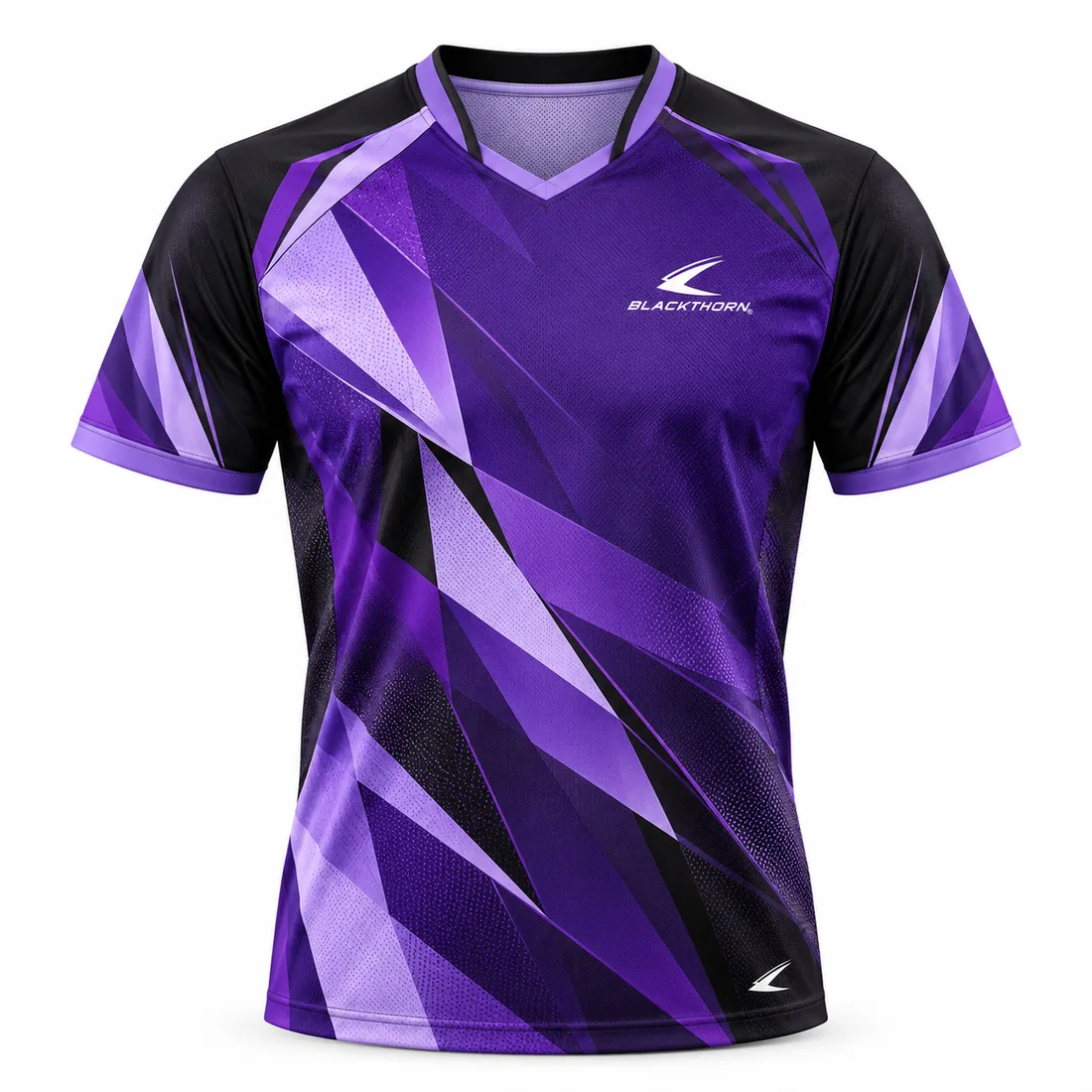 Violet Fracture table tennis shirt front view, purple and black geometric shards, OEM table tennis shirt