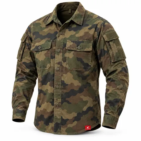 Woodland Camo Button Field Shirt, front view, private label camo field shirt with chest flap pockets