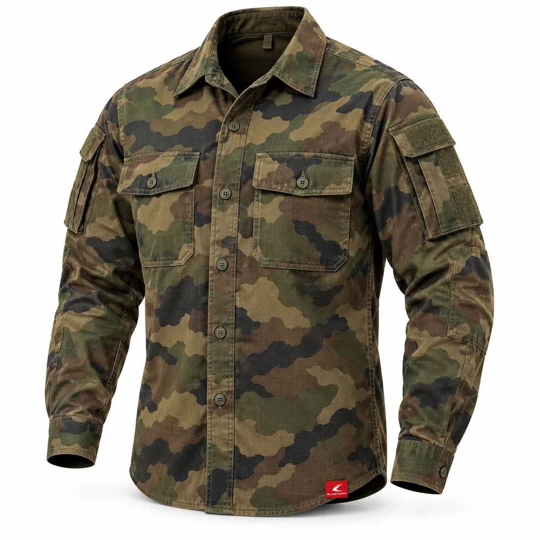 Woodland Camo Button Field Shirt, front view, private label camo field shirt with chest flap pockets