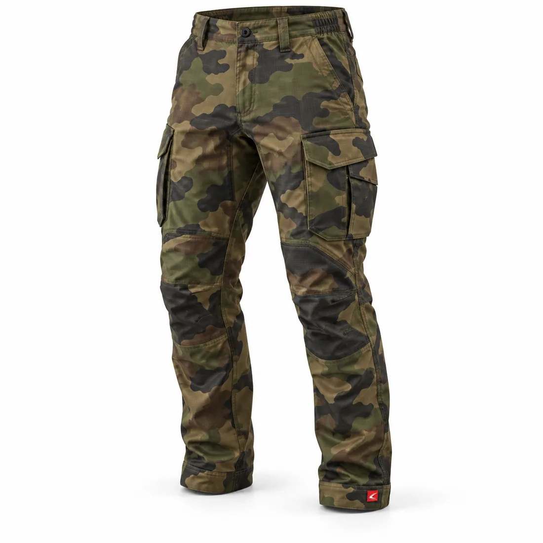 Woodland Camo Cargo Trousers, front view in olive, brown and black camouflage – private label cargo trousers