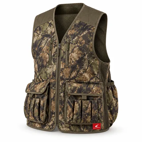 Woodland Camo Hunting Vest, front view with olive quilted shoulders and shell loops – OEM camo hunting vest