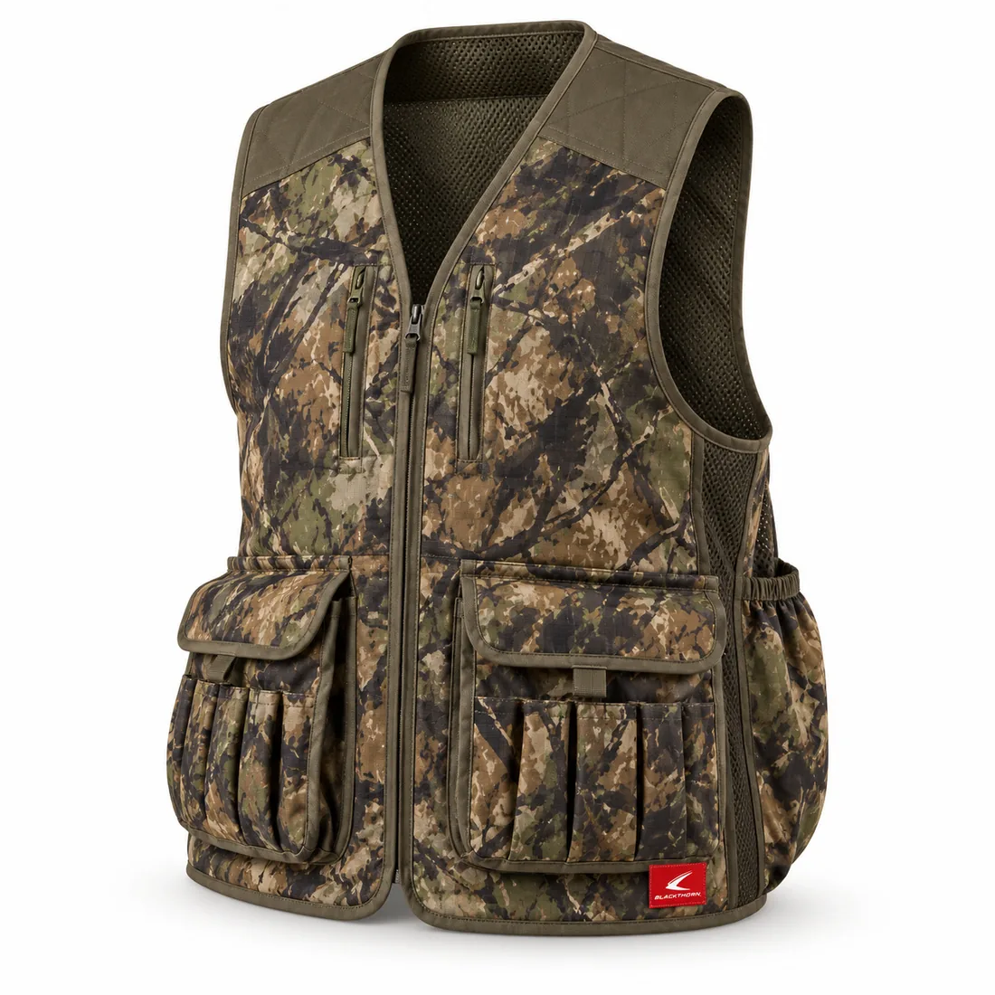 Woodland Camo Hunting Vest, front view with olive quilted shoulders and shell loops – OEM camo hunting vest
