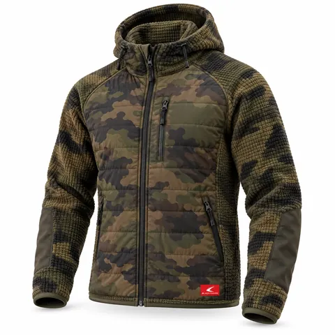 Woodland Camo Hooded Hybrid Jacket, front view, private label camo hybrid hunting jacket manufacturer