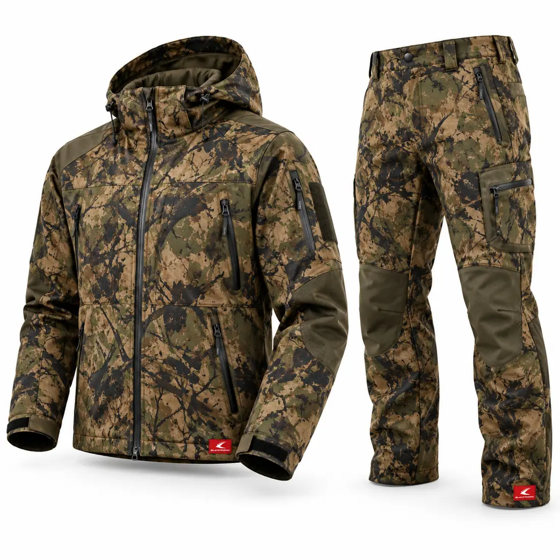 Woodland Camo Hunting Suit, front view of hooded camo jacket and trousers – private label camo hunting suit