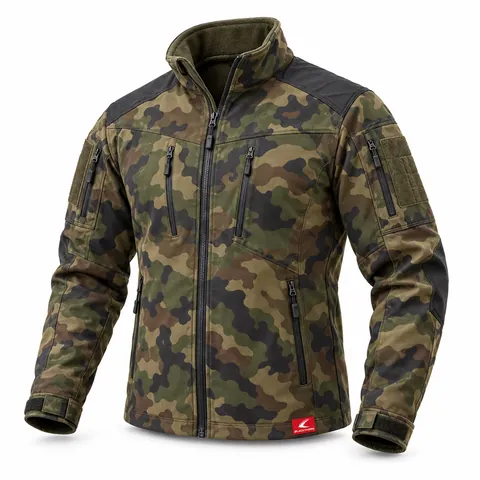 Woodland Camo Softshell Jacket, front view with black yoke and stand collar – private label camo softshell