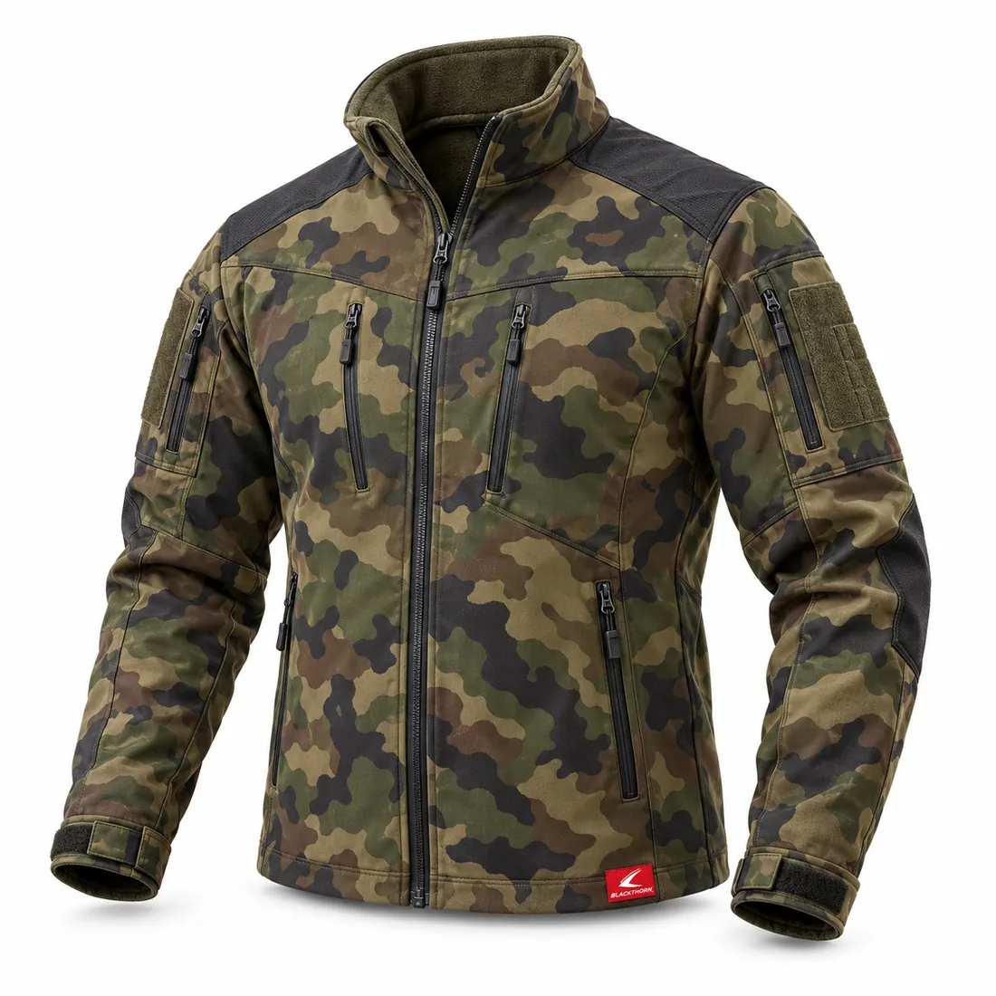 Woodland Camo Softshell Jacket, front view with black yoke and stand collar – private label camo softshell