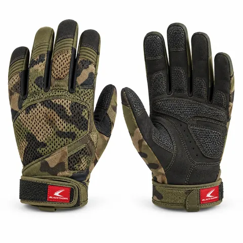 Woodland Camo Tactical Gloves, back and palm view with mesh vent panel – private label camo tactical gloves