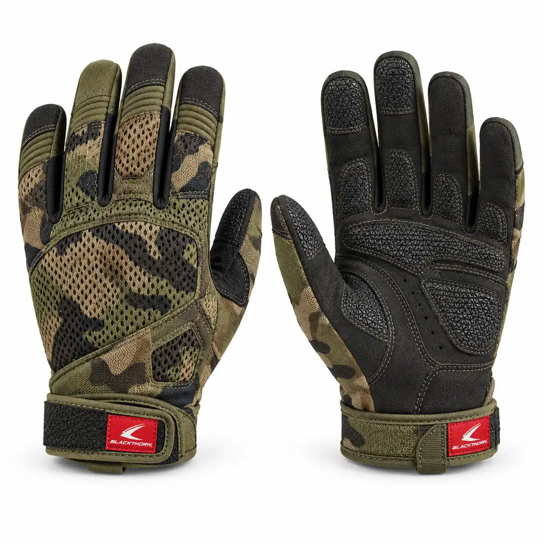 Woodland Camo Tactical Gloves, back and palm view with mesh vent panel – private label camo tactical gloves