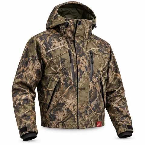 Woodland Camo Waterproof Hunting Jacket, front view, private label insulated camo waterfowl jacket