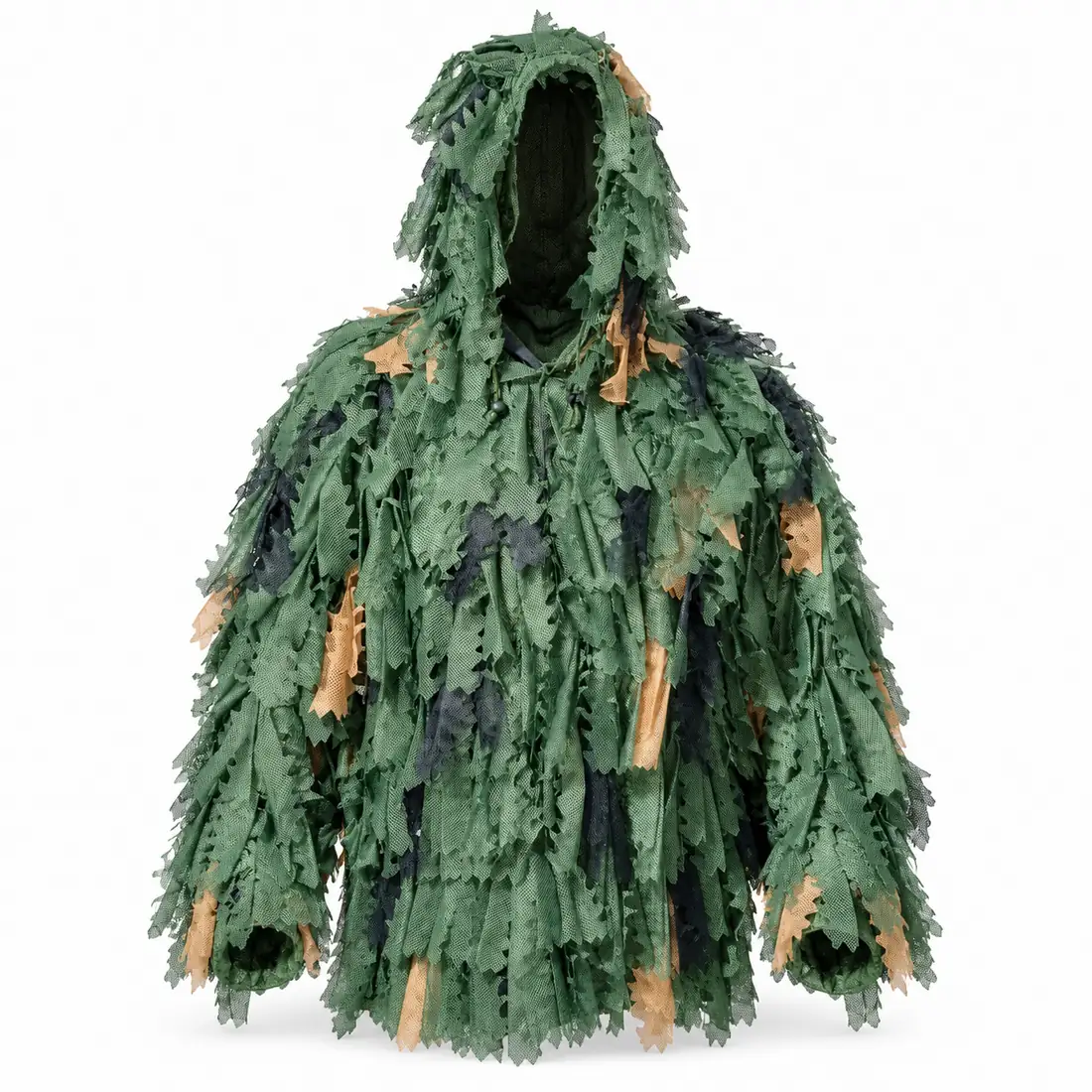 Woodland Leaf 3D ghillie jacket front view with hood, green laser-cut leaves, ghillie jacket manufacturer