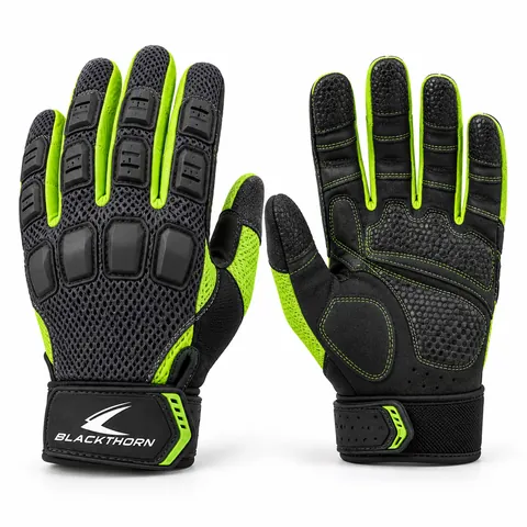 Acid Sled charcoal and lime full-finger cross-training gloves with TPR knuckle guards, back and palm view