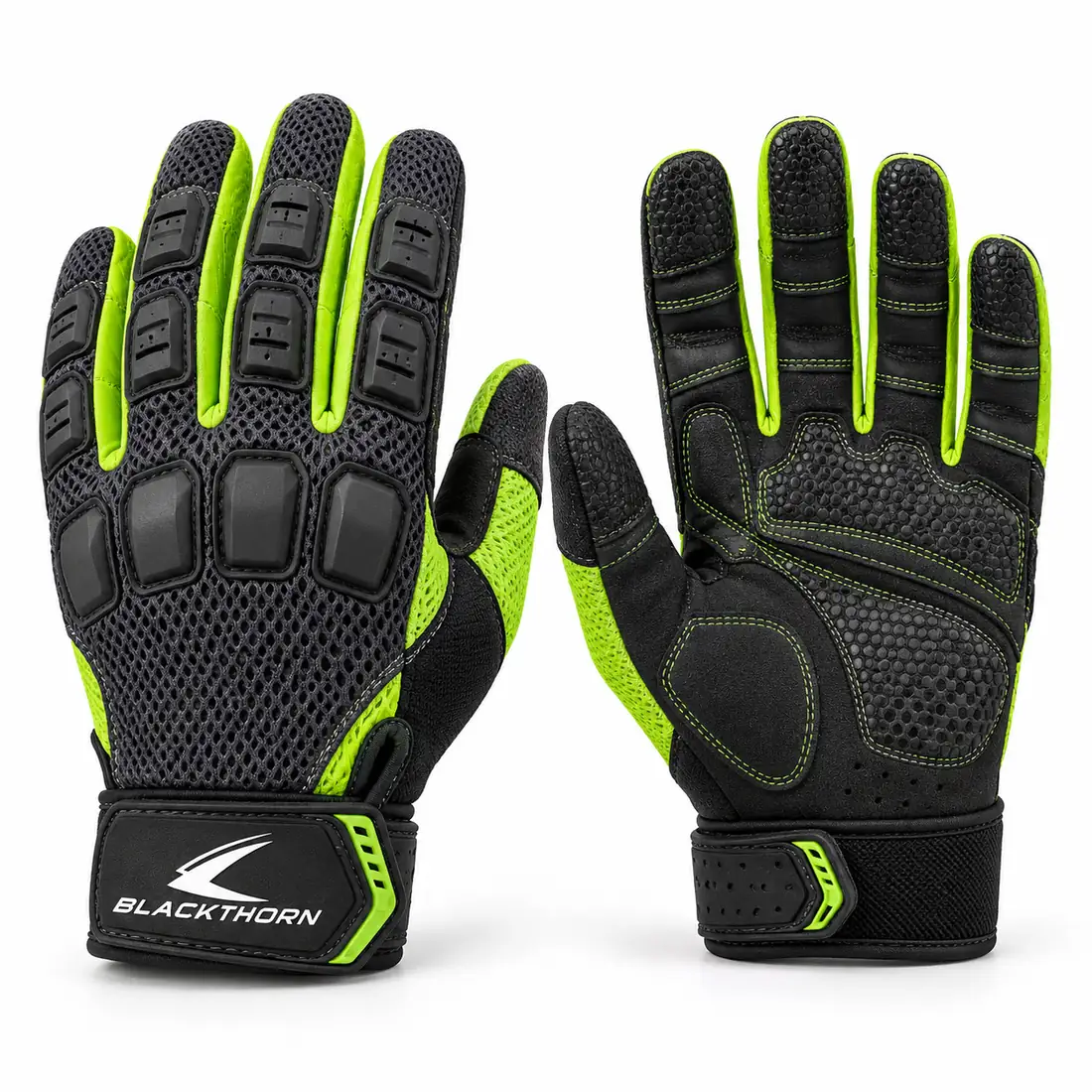 Acid Sled charcoal and lime full-finger cross-training gloves with TPR knuckle guards, back and palm view