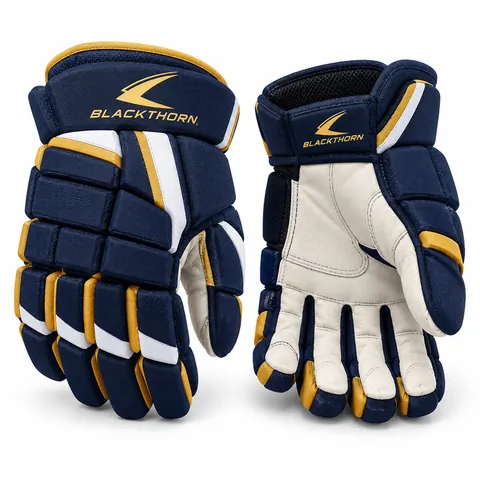 Admiral Gold navy, gold and white team hockey gloves, backhand and palm view, wholesale hockey gloves