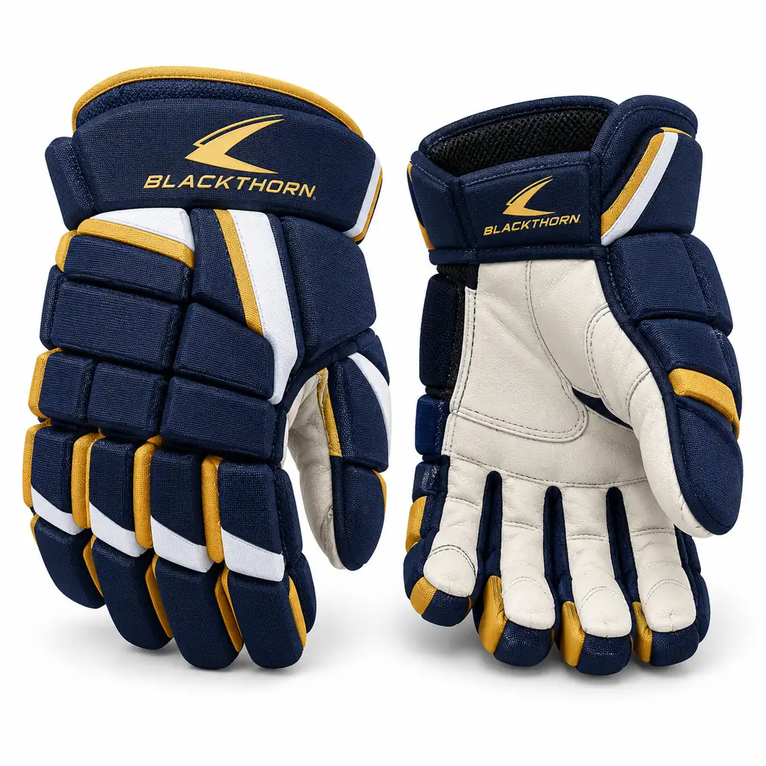 Admiral Gold navy, gold and white team hockey gloves, backhand and palm view, wholesale hockey gloves