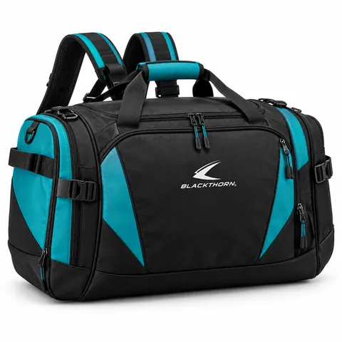 Away-Day Teal Hybrid Kit Bag in black and teal with duffel handles and backpack straps, hybrid kit bag manufacturer