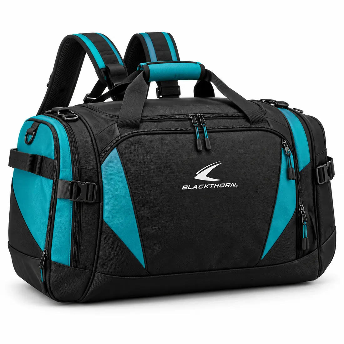 Away-Day Teal Hybrid Kit Bag in black and teal with duffel handles and backpack straps, hybrid kit bag manufacturer