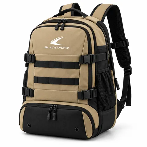 Barracks Sand MOLLE Gym Backpack in tan and black with webbing straps, front view, MOLLE gym backpack supplier