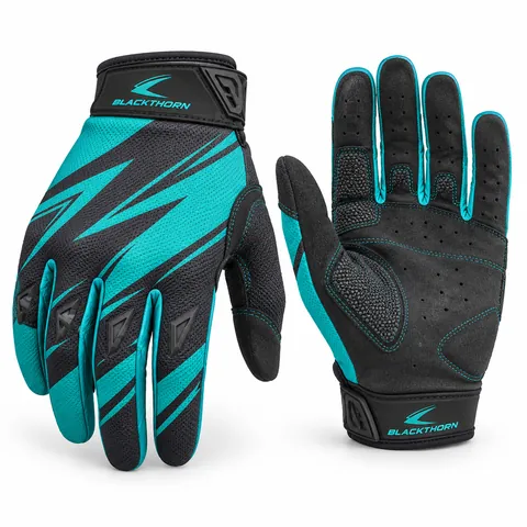 Berm Teal motocross gloves, black with teal strikes, low-profile guards and padded palm, bulk motocross gloves