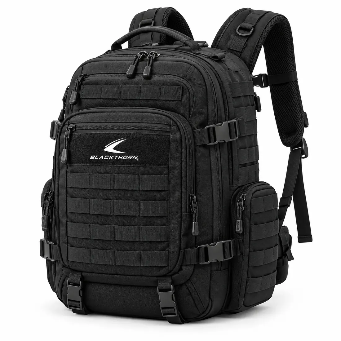 Blackout Assault Backpack, front three-quarter view, all-black tactical assault backpack for wholesale buyers