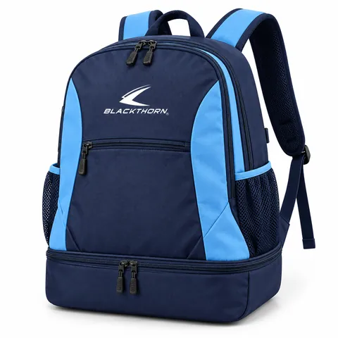 Bootroom Navy Team Backpack front view with sky-blue panels and boot compartment, team sports backpack manufacturer