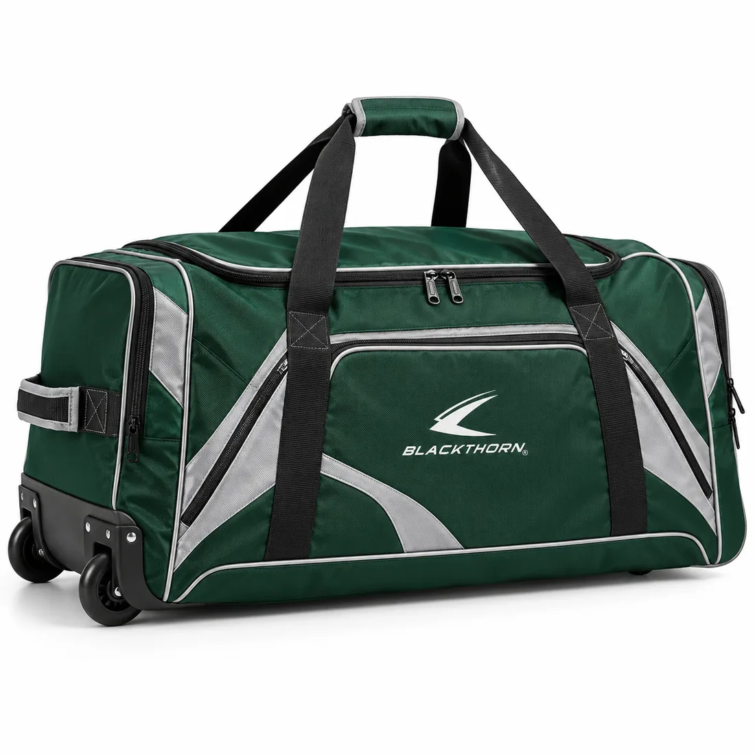 Breakaway Green Wheeled Hockey Bag in forest green and silver grey with white piping, OEM wheeled hockey bag