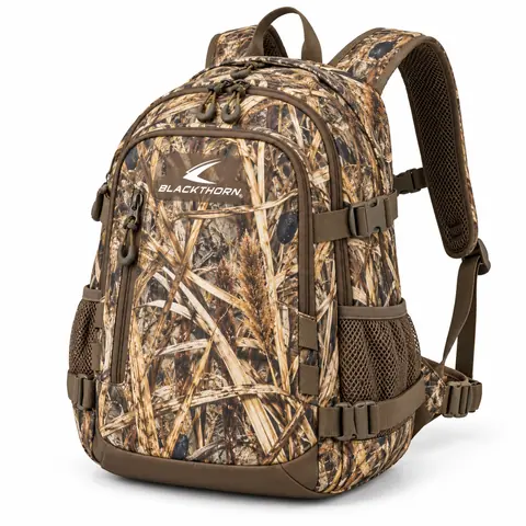 Bulrush Camo Hunting Backpack, three-quarter view, grass camo hunting backpack with brown trims by a manufacturer