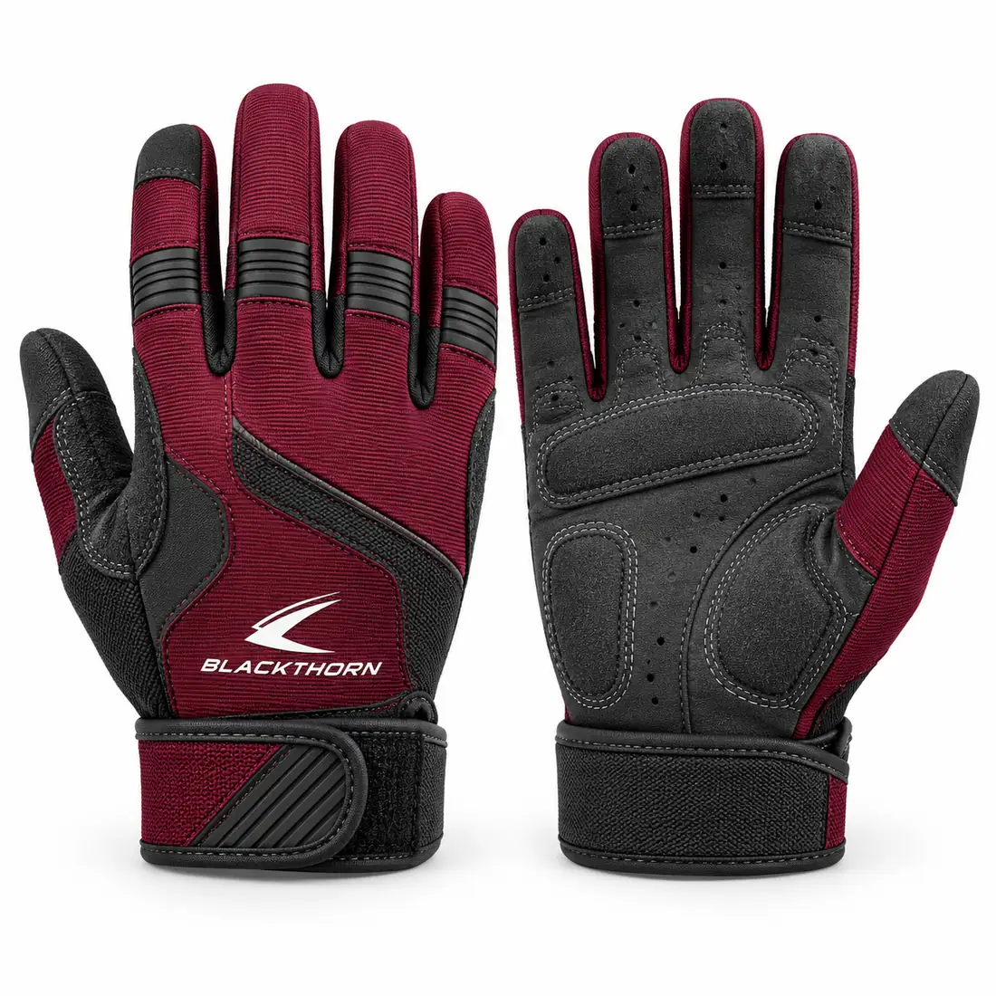 Burgundy Rack full-finger fitness gloves in maroon and black, back and padded palm, bulk fitness gloves