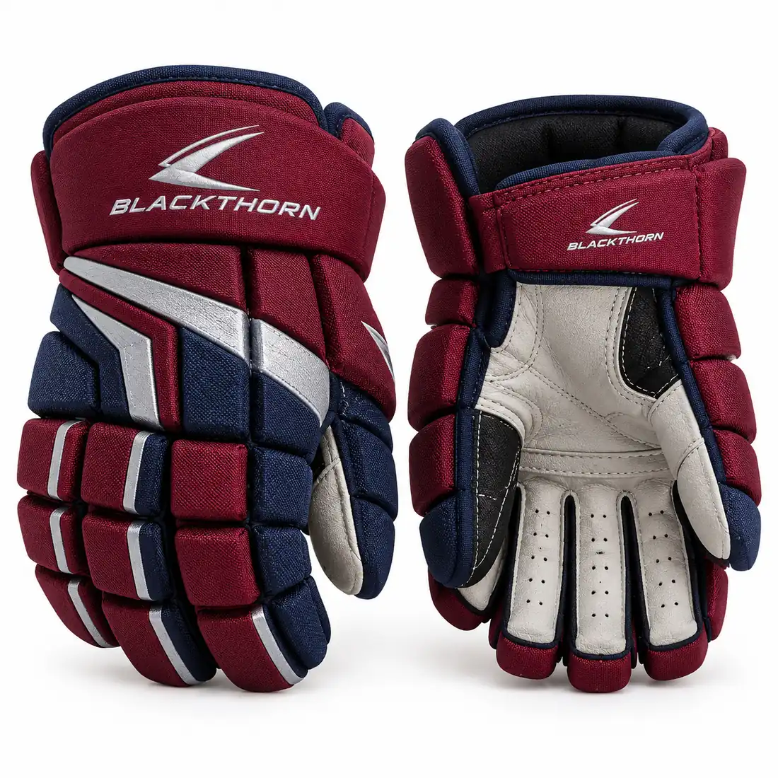 Claret Powerplay maroon, navy and silver ice hockey gloves, backhand and perforated palm, private label