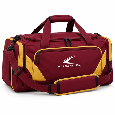 Clubhouse Claret Team Duffel in claret and gold with front pocket and shoulder strap, team duffel bag factory