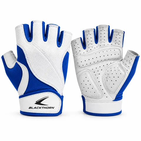 Cobalt Chalk white and royal-blue half-finger workout gloves, back and perforated palm, factory direct