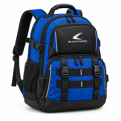 Cobalt Foreman Work Backpack, three-quarter view, royal blue and black OEM work backpack with buckle straps