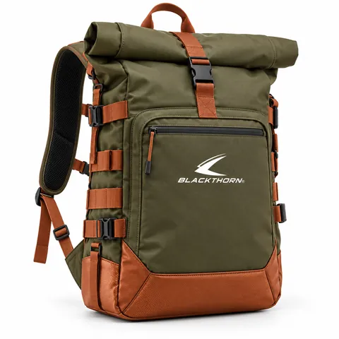 Commuter Olive Roll-Top Backpack in olive and rust with buckle closure and ladder webbing, roll-top gym backpack