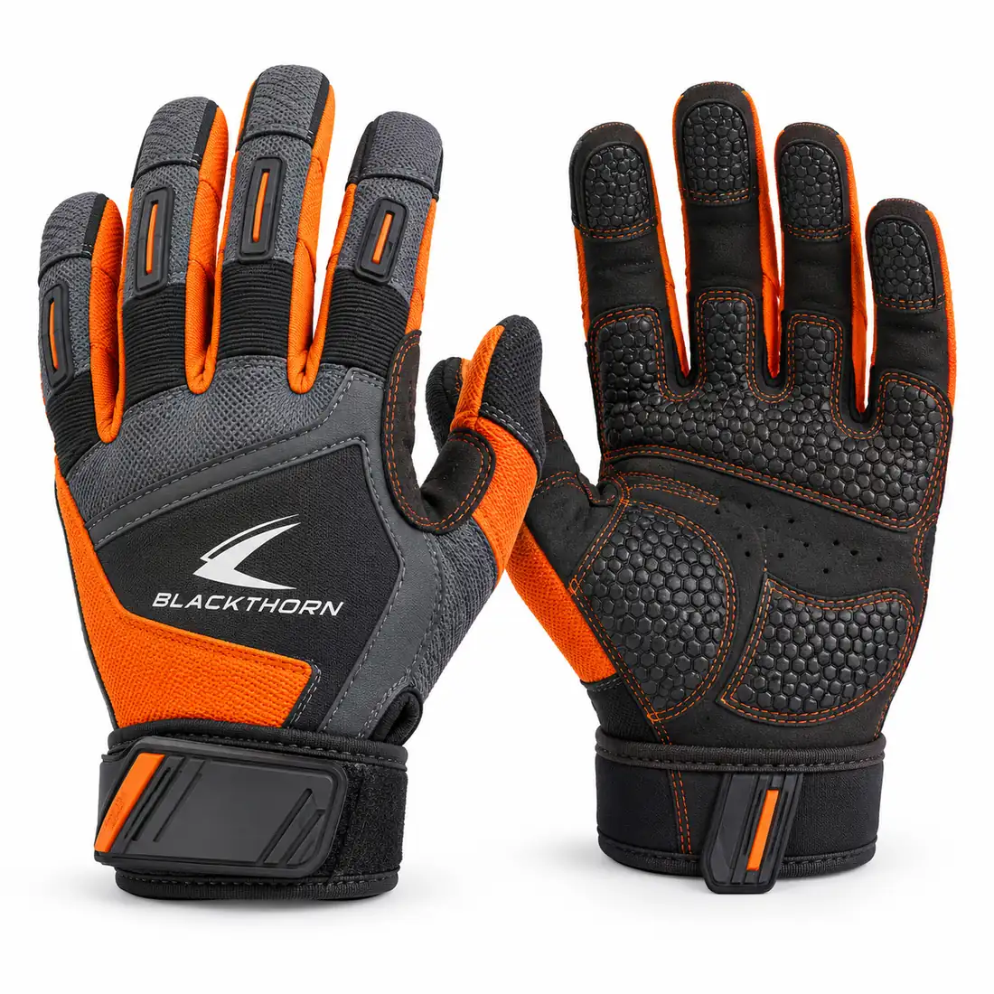 Copper Forge grey, black and orange full-finger gym gloves with TPR knuckle guards, back and palm view