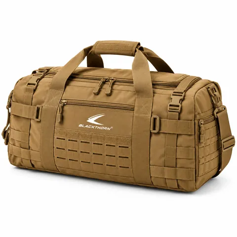 Coyote Breach Tactical Duffel, three-quarter view, coyote laser-cut MOLLE tactical duffel bag manufacturer