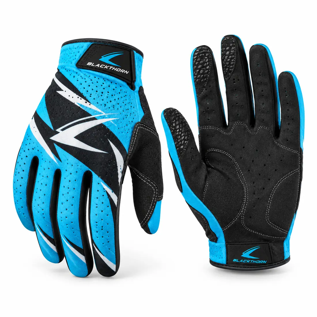 Cyan Holeshot lightweight motocross gloves in cyan, black and white, back and palm, motocross gloves manufacturer