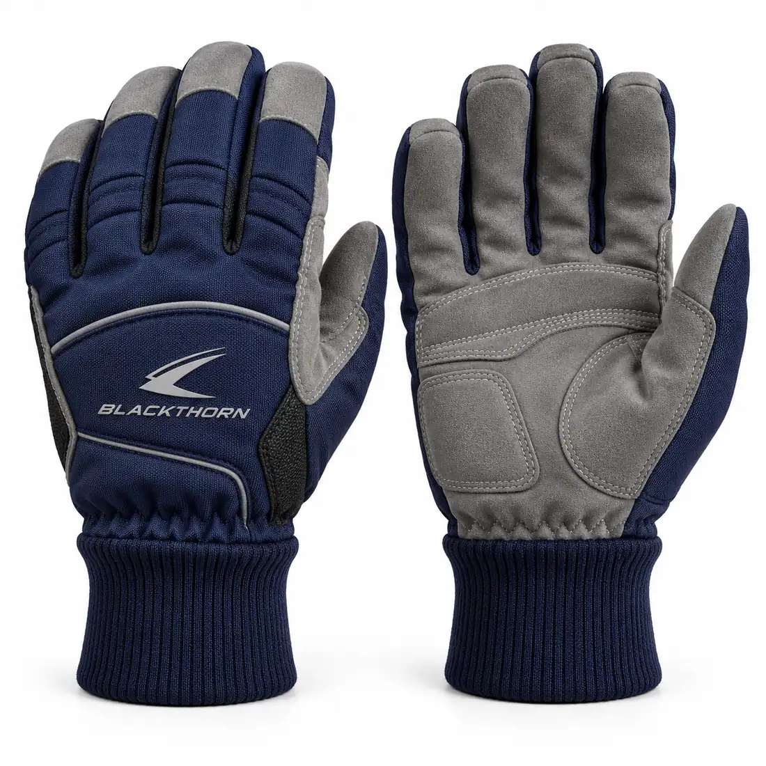 Depot Navy insulated work gloves, navy shell with grey reinforced palm and knit cuff, private label work gloves