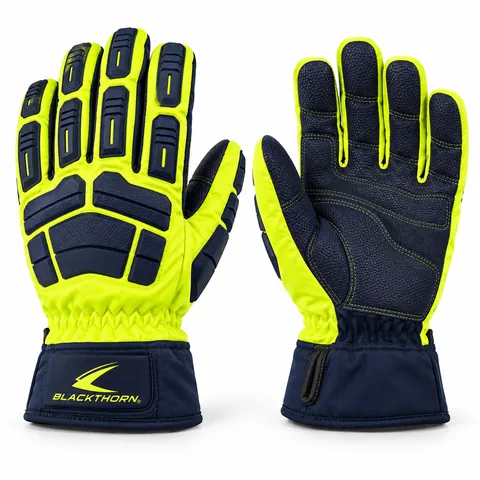 Dockside Fluo impact work gloves, fluo yellow with navy TPR guards and navy palm, OEM thermal impact gloves
