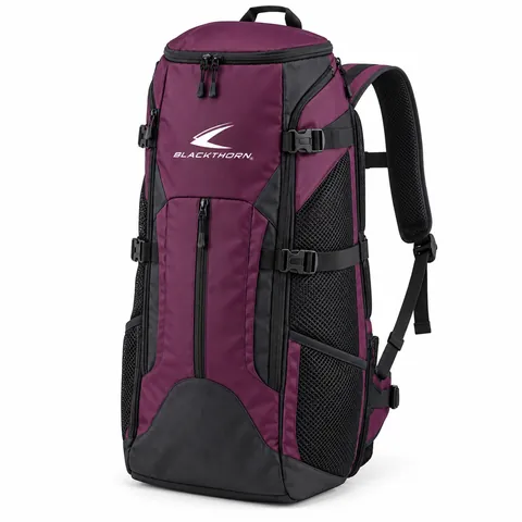 Dojo Mulberry Fight Gear Backpack in mulberry and black, tall top-loading design, fight gear backpack factory
