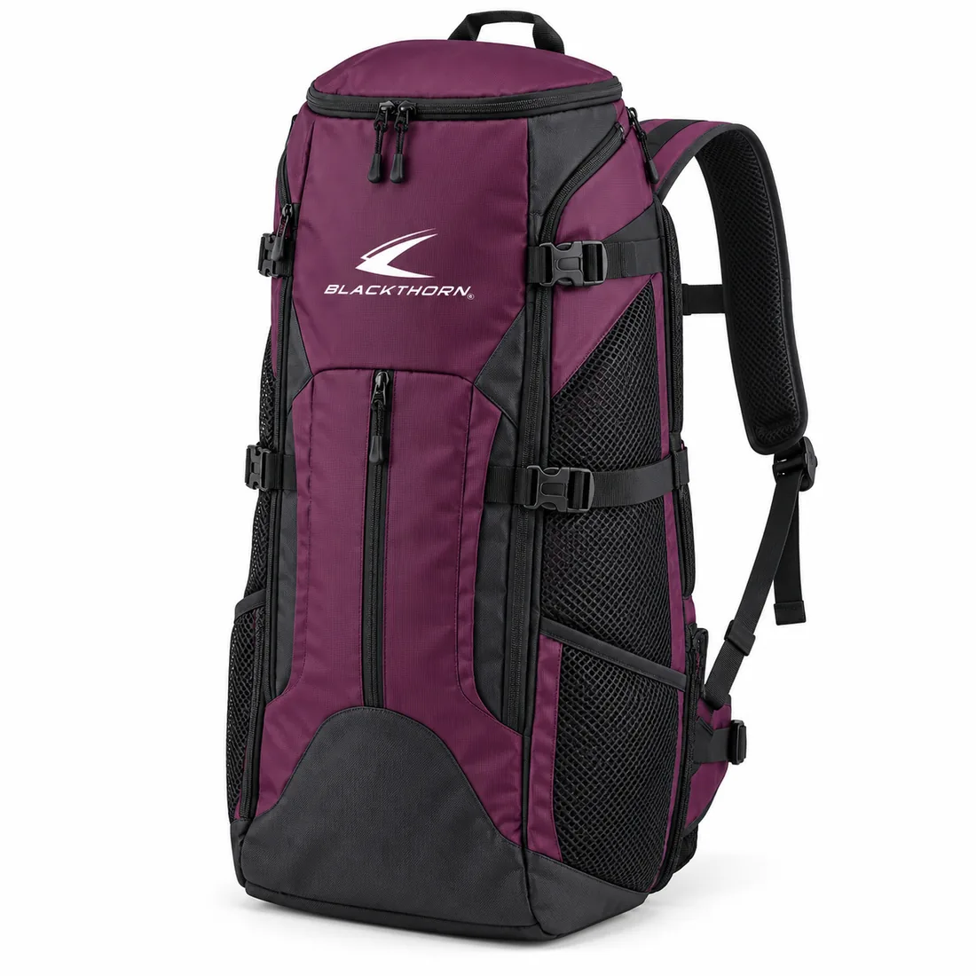 Dojo Mulberry Fight Gear Backpack in mulberry and black, tall top-loading design, fight gear backpack factory