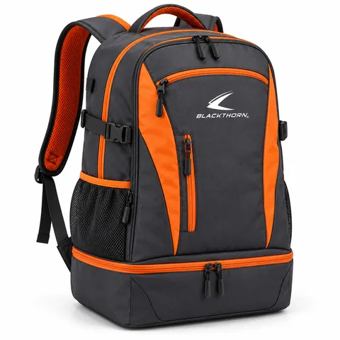 Dugout Ember Team Backpack in charcoal and orange with boot compartment, three-quarter view, OEM team backpack
