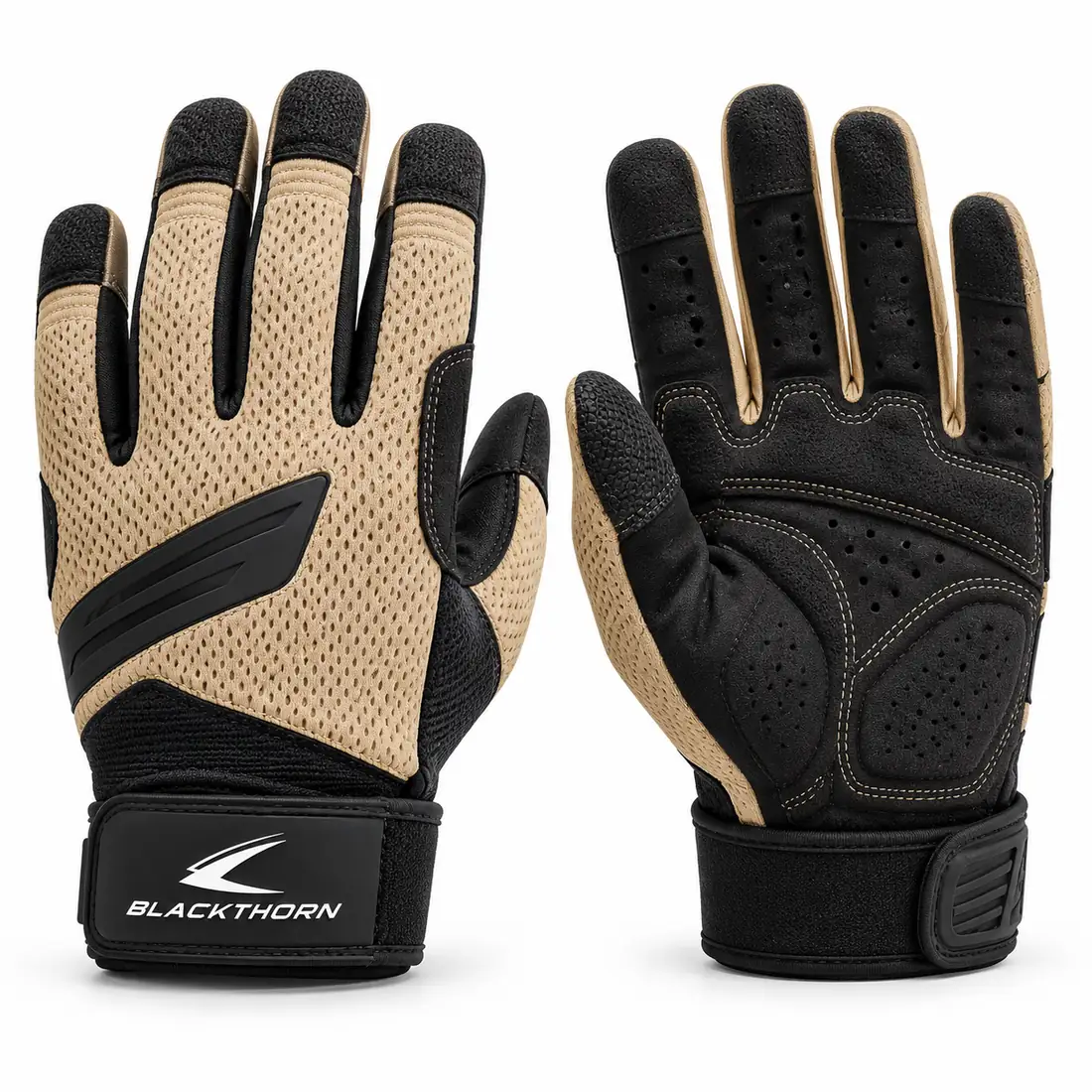 Dune Carry full-finger training gloves in sand-tan mesh and black, back and palm view, gloves supplier