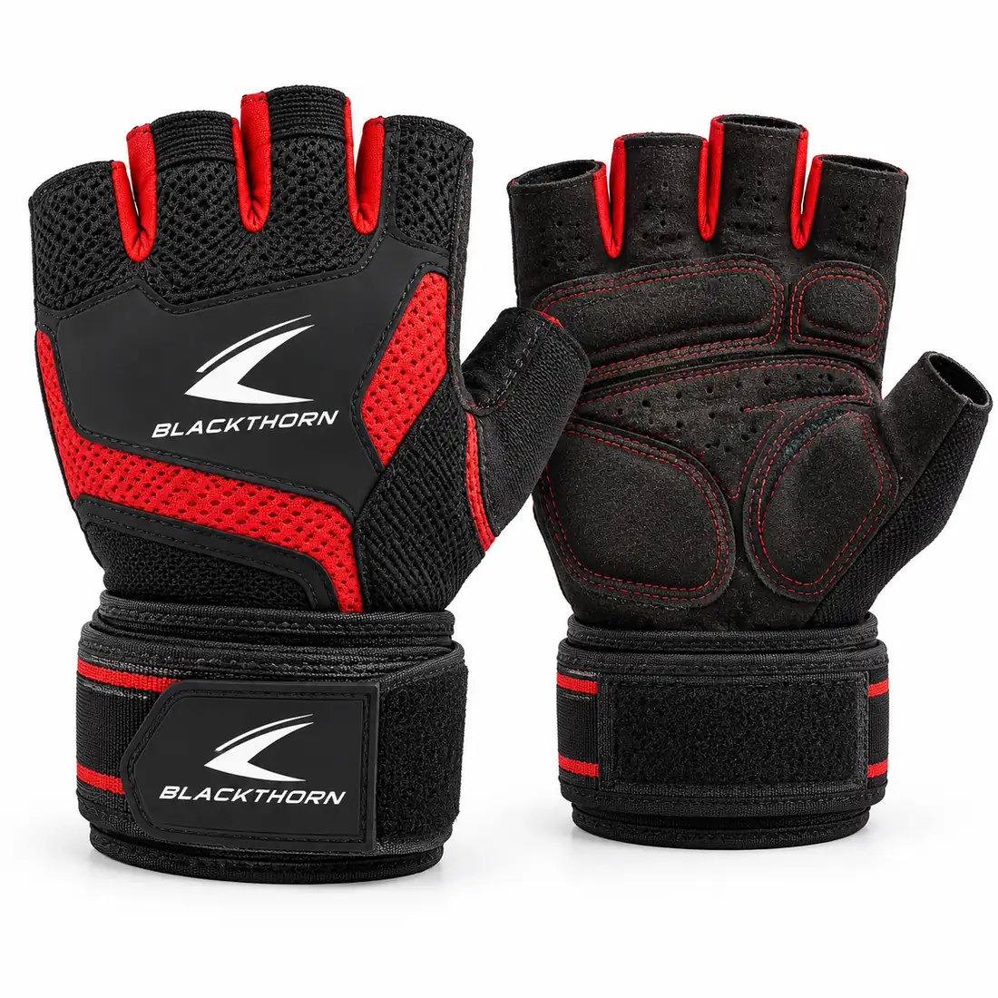Ember Lockout black and red half-finger gym gloves with neoprene wrist wrap, back and palm view, manufacturer