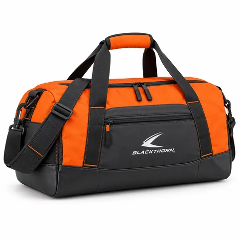 Ember Site Work Duffel, three-quarter view, orange and charcoal wholesale PPE work duffel bag with shoulder strap
