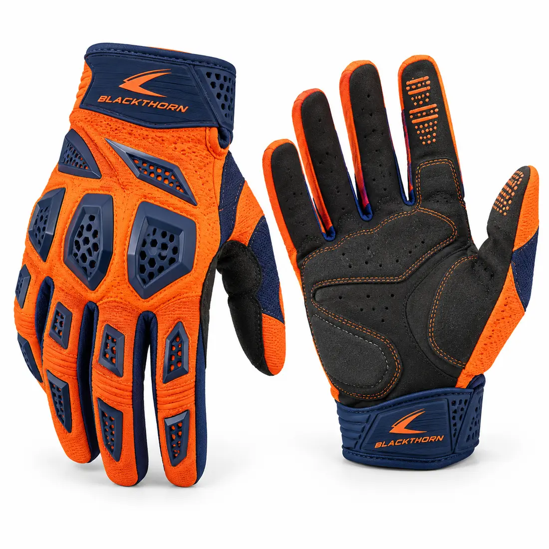 Enduro Blaze armoured MX gloves in orange with navy TPR guards and padded palm, OEM enduro motocross gloves