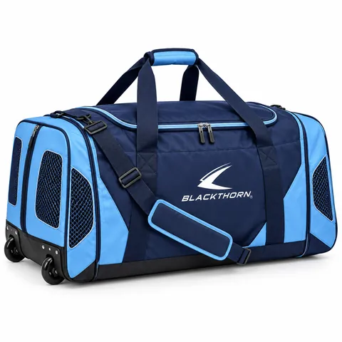 Faceoff Sky Vented Hockey Bag in navy and sky blue with mesh vent windows and wheels, vented wheeled hockey bag