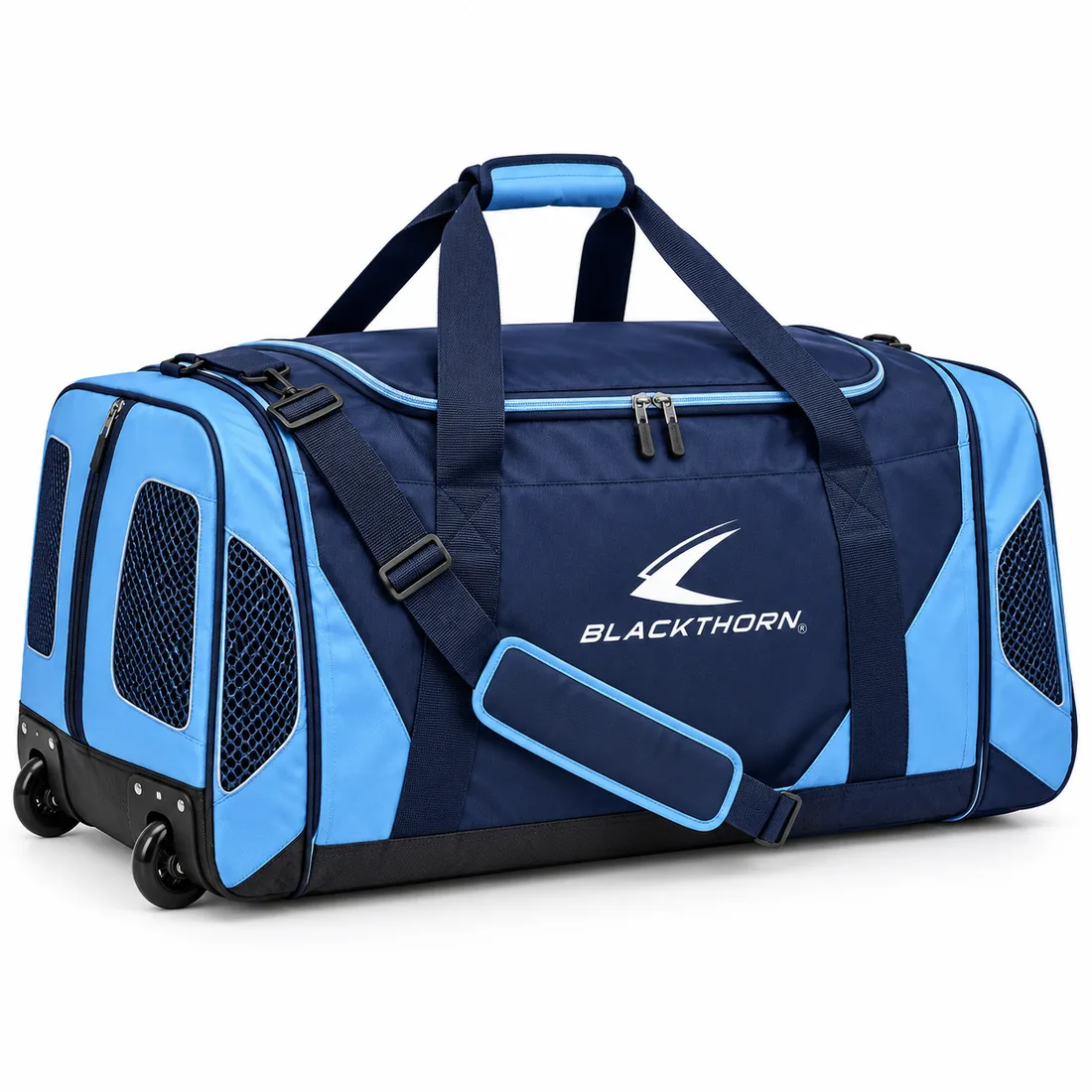 Faceoff Sky Vented Hockey Bag in navy and sky blue with mesh vent windows and wheels, vented wheeled hockey bag
