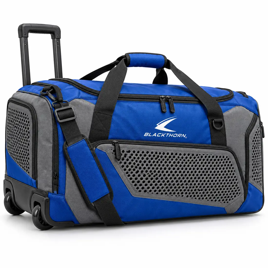 Fight Camp Cobalt Wheeled Duffel in cobalt blue and grey with telescopic handle, wheeled fight gear duffel